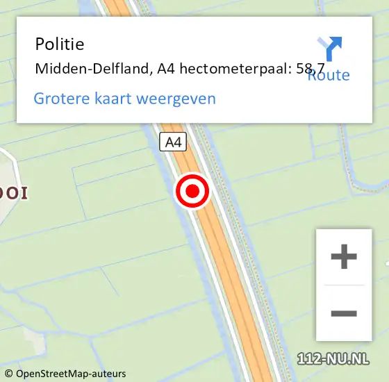 Locatie op kaart van de 112 melding: Politie Midden-Delfland, A4 hectometerpaal: 58,7 op 2 november 2024 20:19