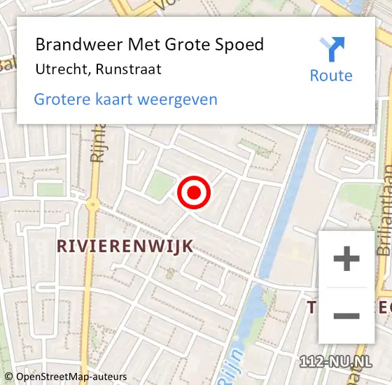 Locatie op kaart van de 112 melding: Brandweer Met Grote Spoed Naar Utrecht, Runstraat op 2 november 2024 21:57