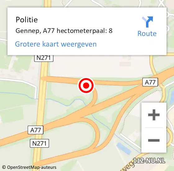 Locatie op kaart van de 112 melding: Politie Gennep, A77 hectometerpaal: 8 op 2 november 2024 22:00