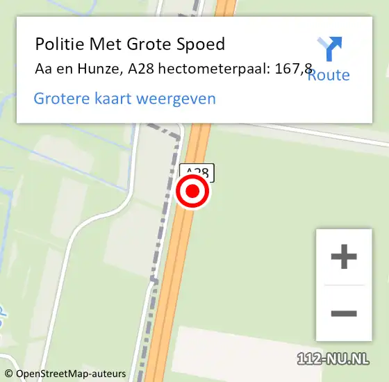 Locatie op kaart van de 112 melding: Politie Met Grote Spoed Naar Aa en Hunze, A28 hectometerpaal: 167,8 op 2 november 2024 22:01