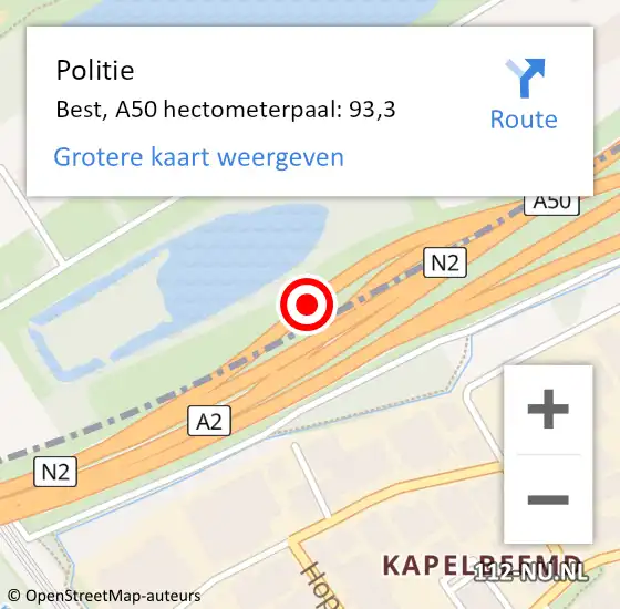 Locatie op kaart van de 112 melding: Politie Best, A50 hectometerpaal: 93,3 op 2 november 2024 22:03