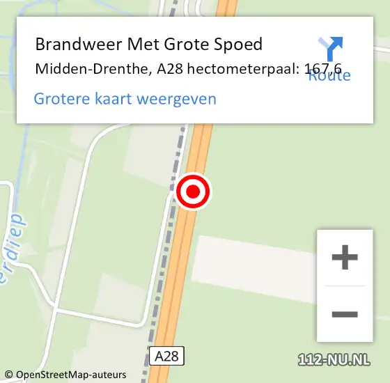 Locatie op kaart van de 112 melding: Brandweer Met Grote Spoed Naar Midden-Drenthe, A28 hectometerpaal: 167,6 op 2 november 2024 22:06