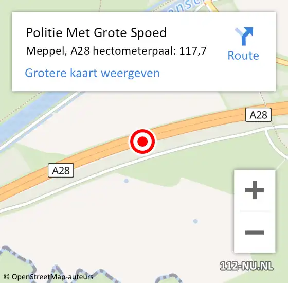 Locatie op kaart van de 112 melding: Politie Met Grote Spoed Naar Meppel, A28 hectometerpaal: 117,7 op 2 november 2024 22:07