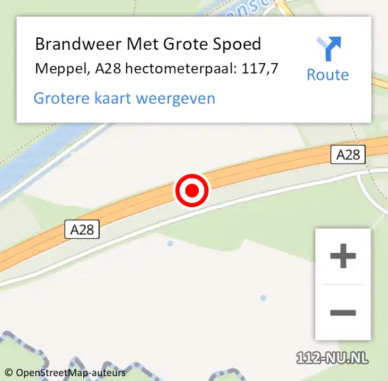 Locatie op kaart van de 112 melding: Brandweer Met Grote Spoed Naar Meppel, A28 hectometerpaal: 117,7 op 2 november 2024 22:08