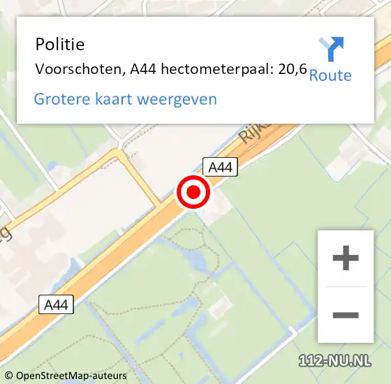 Locatie op kaart van de 112 melding: Politie Voorschoten, A44 hectometerpaal: 20,6 op 2 november 2024 23:28