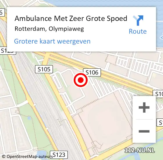 Locatie op kaart van de 112 melding: Ambulance Met Zeer Grote Spoed Naar Rotterdam, Olympiaweg op 3 november 2024 00:14