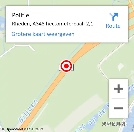 Locatie op kaart van de 112 melding: Politie Rheden, A348 hectometerpaal: 2,1 op 3 november 2024 01:44