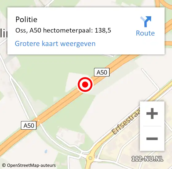 Locatie op kaart van de 112 melding: Politie Oss, A50 hectometerpaal: 138,5 op 3 november 2024 03:40