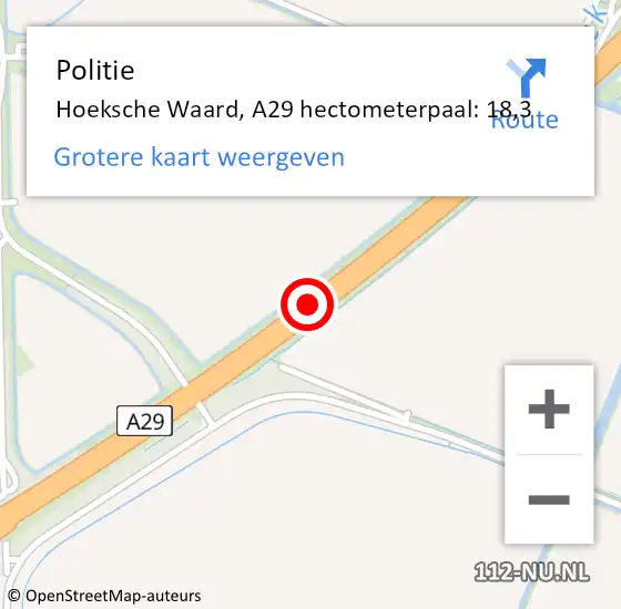 Locatie op kaart van de 112 melding: Politie Hoeksche Waard, A29 hectometerpaal: 18,3 op 3 november 2024 09:55