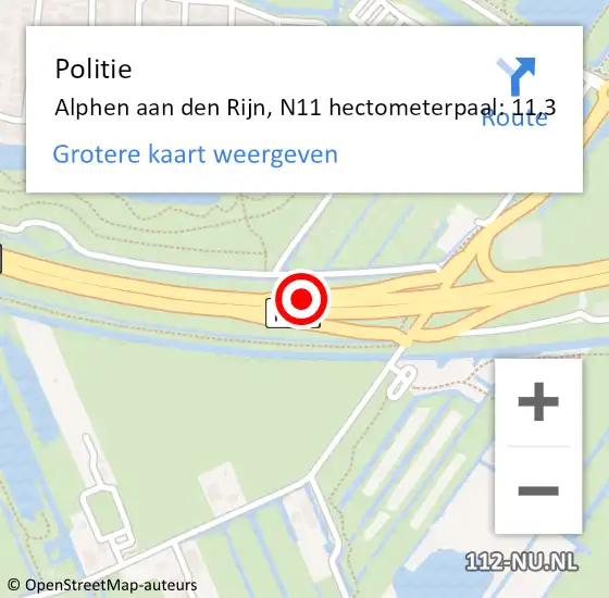 Locatie op kaart van de 112 melding: Politie Alphen aan den Rijn, N11 hectometerpaal: 11,3 op 3 november 2024 11:05