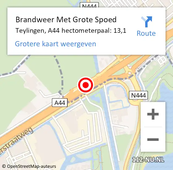 Locatie op kaart van de 112 melding: Brandweer Met Grote Spoed Naar Teylingen, A44 hectometerpaal: 13,1 op 3 november 2024 11:18