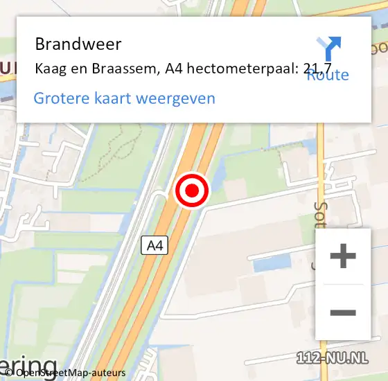 Locatie op kaart van de 112 melding: Brandweer Kaag en Braassem, A4 hectometerpaal: 21,7 op 3 november 2024 12:51