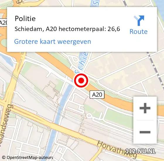 Locatie op kaart van de 112 melding: Politie Schiedam, A20 hectometerpaal: 26,6 op 3 november 2024 13:43