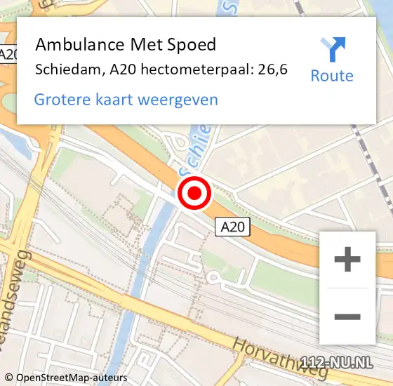 Locatie op kaart van de 112 melding: Ambulance Met Spoed Naar Schiedam, A20 hectometerpaal: 26,6 op 3 november 2024 13:43