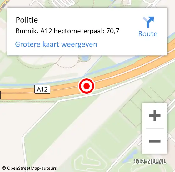 Locatie op kaart van de 112 melding: Politie Bunnik, A12 hectometerpaal: 70,7 op 3 november 2024 13:56