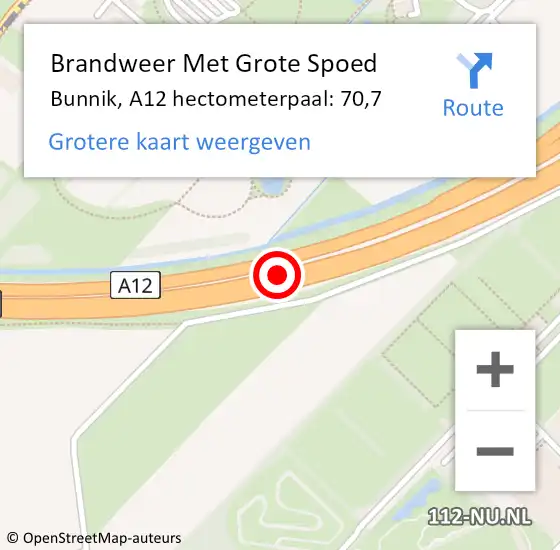 Locatie op kaart van de 112 melding: Brandweer Met Grote Spoed Naar Bunnik, A12 hectometerpaal: 70,7 op 3 november 2024 13:56