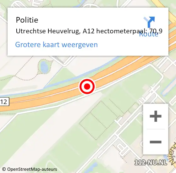 Locatie op kaart van de 112 melding: Politie Utrechtse Heuvelrug, A12 hectometerpaal: 70,9 op 3 november 2024 13:56