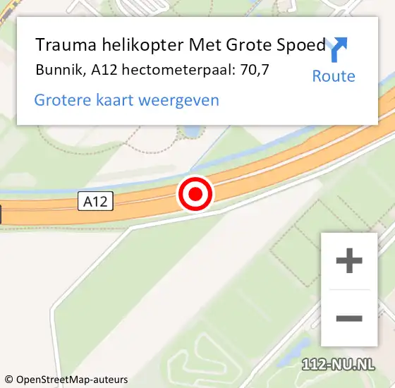 Locatie op kaart van de 112 melding: Trauma helikopter Met Grote Spoed Naar Bunnik, A12 hectometerpaal: 70,7 op 3 november 2024 14:02