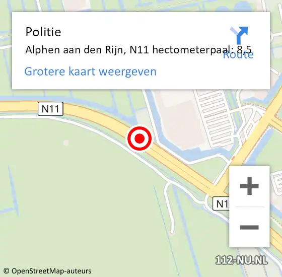 Locatie op kaart van de 112 melding: Politie Alphen aan den Rijn, N11 hectometerpaal: 8,5 op 3 november 2024 15:23