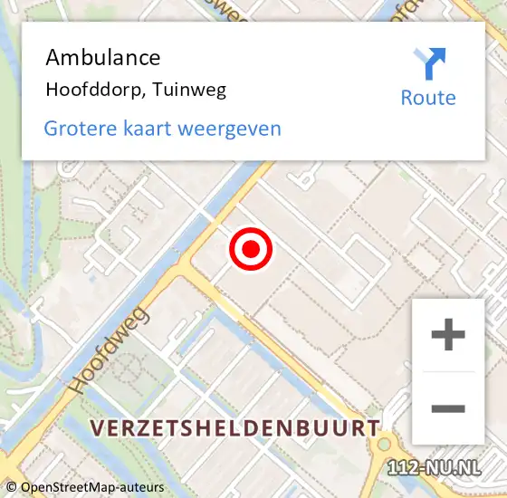 Locatie op kaart van de 112 melding: Ambulance Hoofddorp, Tuinweg op 3 november 2024 16:25