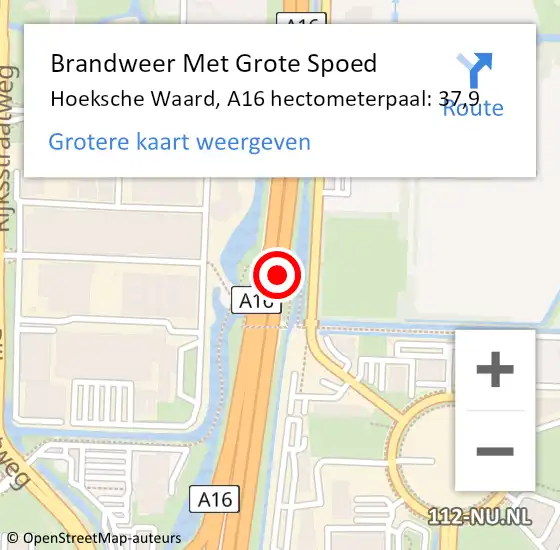 Locatie op kaart van de 112 melding: Brandweer Met Grote Spoed Naar Hoeksche Waard, A16 hectometerpaal: 37,9 op 3 november 2024 16:53