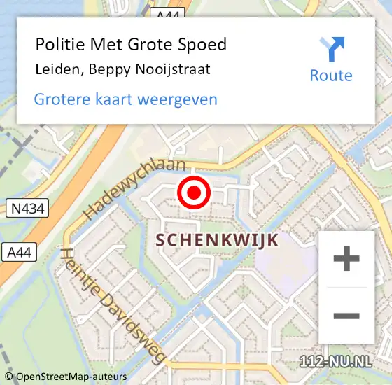 Locatie op kaart van de 112 melding: Politie Met Grote Spoed Naar Leiden, Beppy Nooijstraat op 3 november 2024 19:31