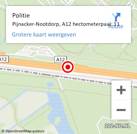 Locatie op kaart van de 112 melding: Politie Pijnacker-Nootdorp, A12 hectometerpaal: 11 op 3 november 2024 22:53