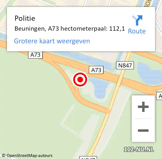 Locatie op kaart van de 112 melding: Politie Beuningen, A73 hectometerpaal: 112,1 op 3 november 2024 22:55