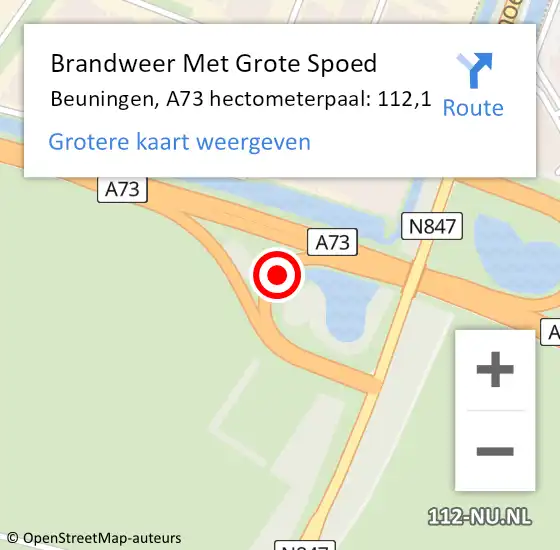 Locatie op kaart van de 112 melding: Brandweer Met Grote Spoed Naar Beuningen, A73 hectometerpaal: 112,1 op 3 november 2024 22:57