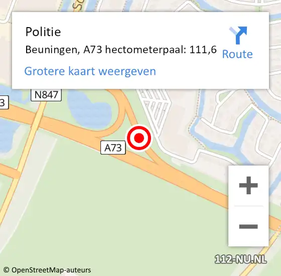 Locatie op kaart van de 112 melding: Politie Beuningen, A73 hectometerpaal: 111,6 op 3 november 2024 23:02