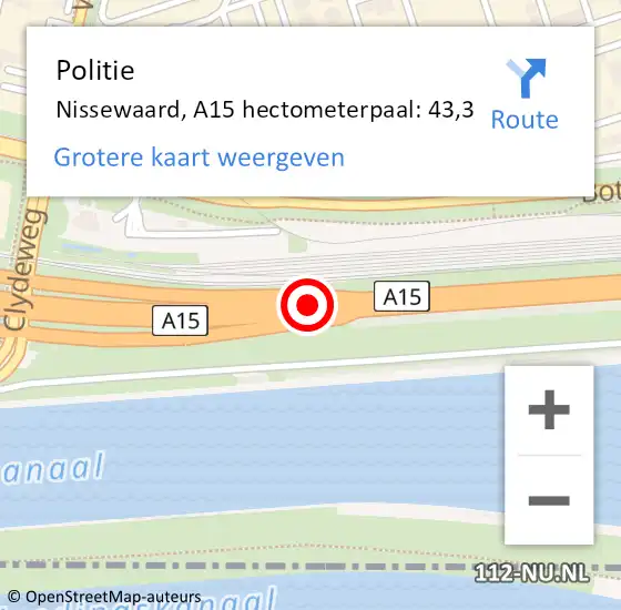 Locatie op kaart van de 112 melding: Politie Nissewaard, A15 hectometerpaal: 43,3 op 4 november 2024 05:55