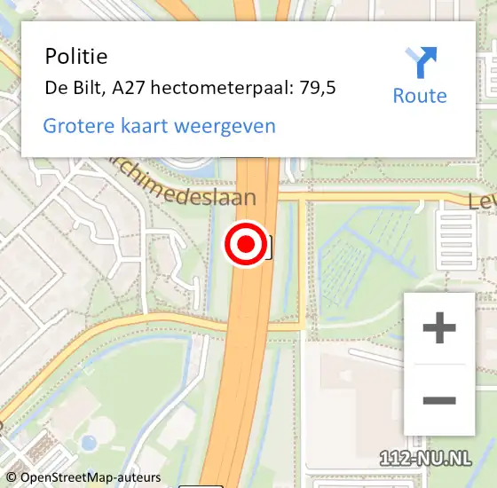 Locatie op kaart van de 112 melding: Politie De Bilt, A27 hectometerpaal: 79,5 op 4 november 2024 08:16