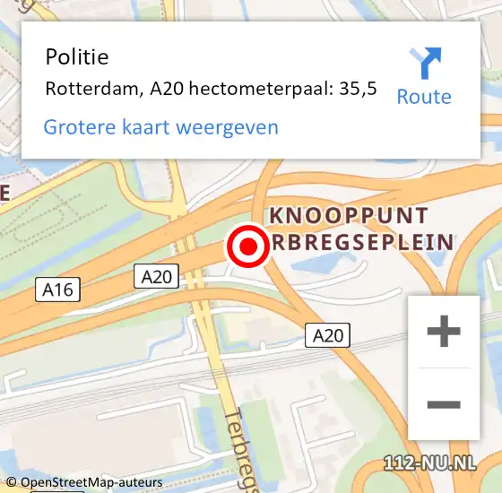 Locatie op kaart van de 112 melding: Politie Rotterdam, A20 hectometerpaal: 35,5 op 4 november 2024 08:26