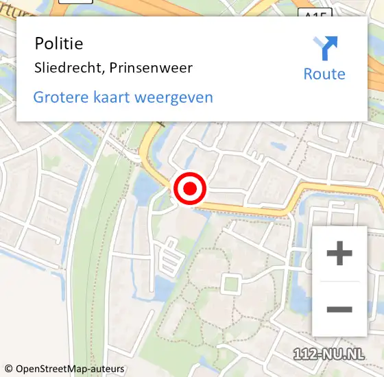 Locatie op kaart van de 112 melding: Politie Sliedrecht, Prinsenweer op 4 november 2024 08:31