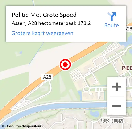 Locatie op kaart van de 112 melding: Politie Met Grote Spoed Naar Assen, A28 hectometerpaal: 178,2 op 4 november 2024 08:38