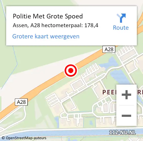 Locatie op kaart van de 112 melding: Politie Met Grote Spoed Naar Assen, A28 hectometerpaal: 178,4 op 4 november 2024 08:38