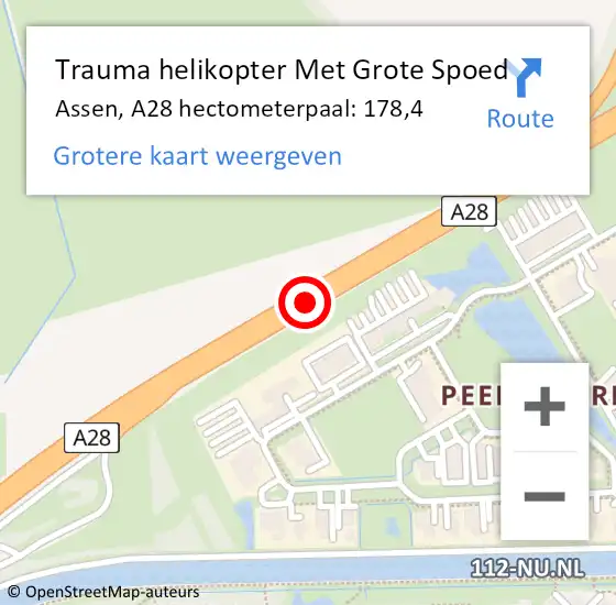 Locatie op kaart van de 112 melding: Trauma helikopter Met Grote Spoed Naar Assen, A28 hectometerpaal: 178,4 op 4 november 2024 08:51