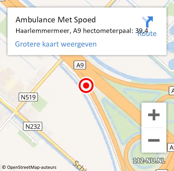 Locatie op kaart van de 112 melding: Ambulance Met Spoed Naar Haarlemmermeer, A9 hectometerpaal: 39,4 op 4 november 2024 08:52