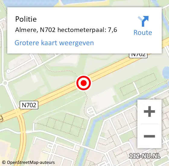 Locatie op kaart van de 112 melding: Politie Almere, N702 hectometerpaal: 7,6 op 4 november 2024 08:57