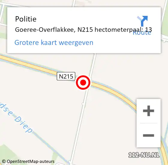 Locatie op kaart van de 112 melding: Politie Goeree-Overflakkee, N215 hectometerpaal: 13 op 4 november 2024 09:09