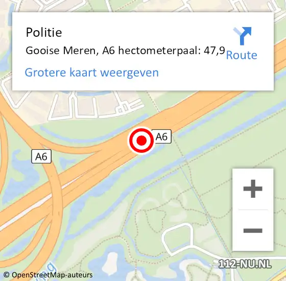 Locatie op kaart van de 112 melding: Politie Gooise Meren, A6 hectometerpaal: 47,9 op 4 november 2024 09:30