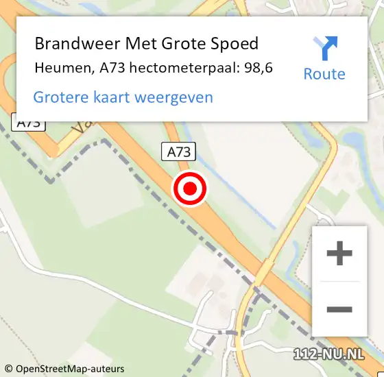 Locatie op kaart van de 112 melding: Brandweer Met Grote Spoed Naar Heumen, A73 hectometerpaal: 98,6 op 4 november 2024 10:12