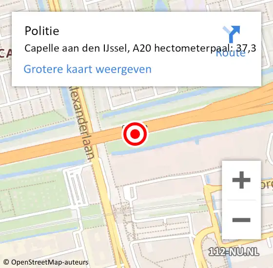 Locatie op kaart van de 112 melding: Politie Capelle aan den IJssel, A20 hectometerpaal: 37,3 op 4 november 2024 10:12