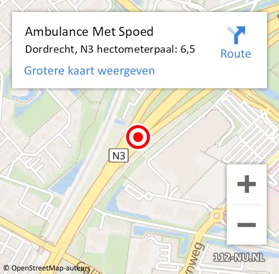 Locatie op kaart van de 112 melding: Ambulance Met Spoed Naar Dordrecht, N3 hectometerpaal: 6,5 op 4 november 2024 10:37