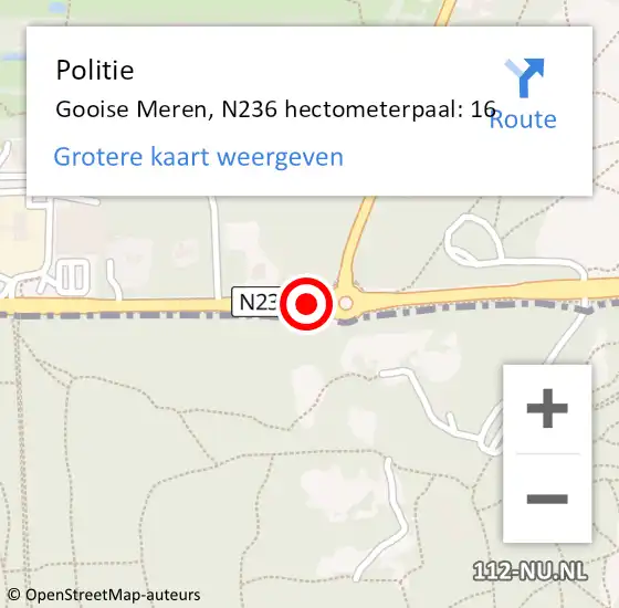 Locatie op kaart van de 112 melding: Politie Gooise Meren, N236 hectometerpaal: 16 op 4 november 2024 12:30