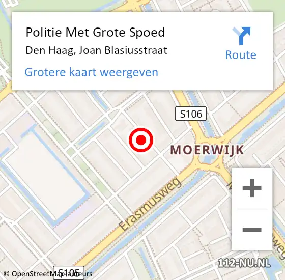 Locatie op kaart van de 112 melding: Politie Met Grote Spoed Naar Den Haag, Joan Blasiusstraat op 4 november 2024 13:01