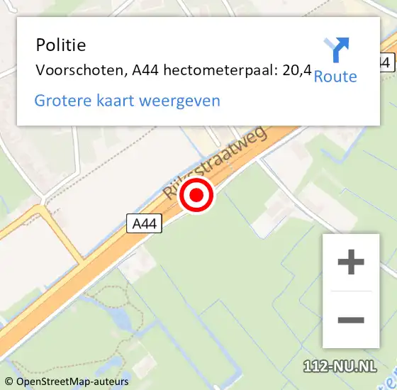 Locatie op kaart van de 112 melding: Politie Voorschoten, A44 hectometerpaal: 20,4 op 4 november 2024 13:26