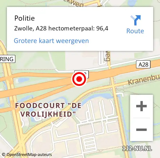 Locatie op kaart van de 112 melding: Politie Zwolle, A28 hectometerpaal: 96,4 op 4 november 2024 14:48