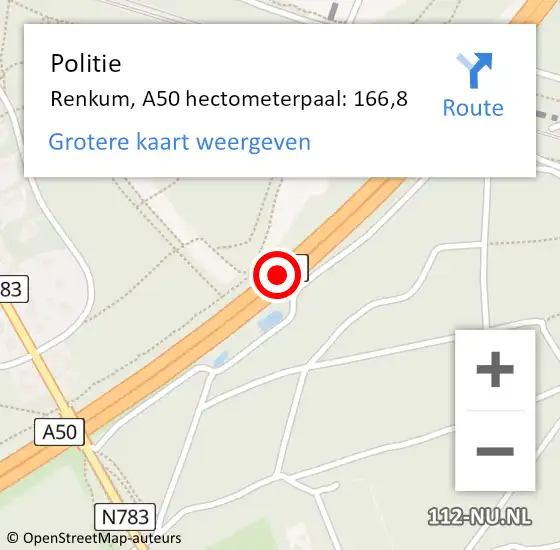 Locatie op kaart van de 112 melding: Politie Renkum, A50 hectometerpaal: 166,8 op 4 november 2024 16:15