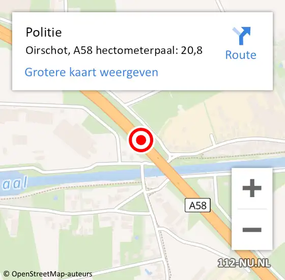 Locatie op kaart van de 112 melding: Politie Oirschot, A58 hectometerpaal: 20,8 op 4 november 2024 16:36